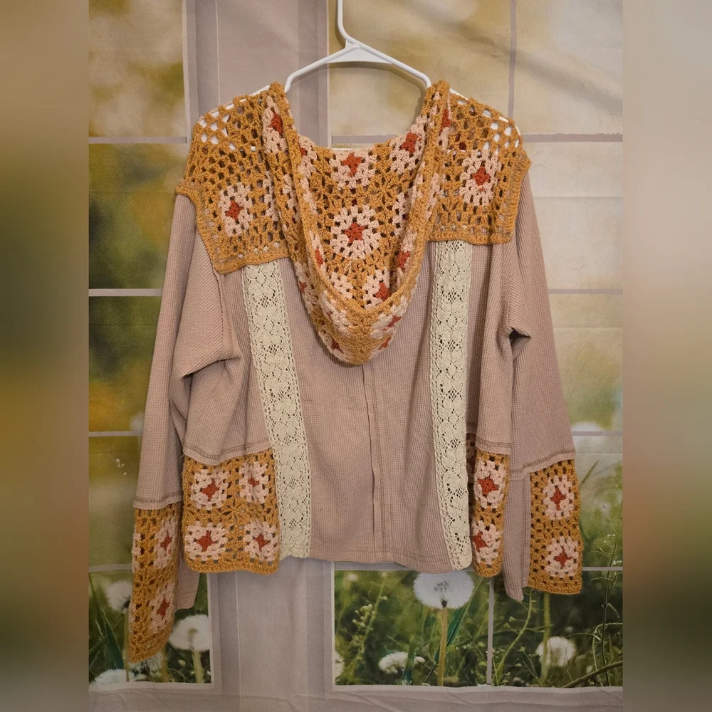 POL Oversized Waffle Knit Crochet Hoodie Top | Boho Lace Patchwork - Picture 2 of 4